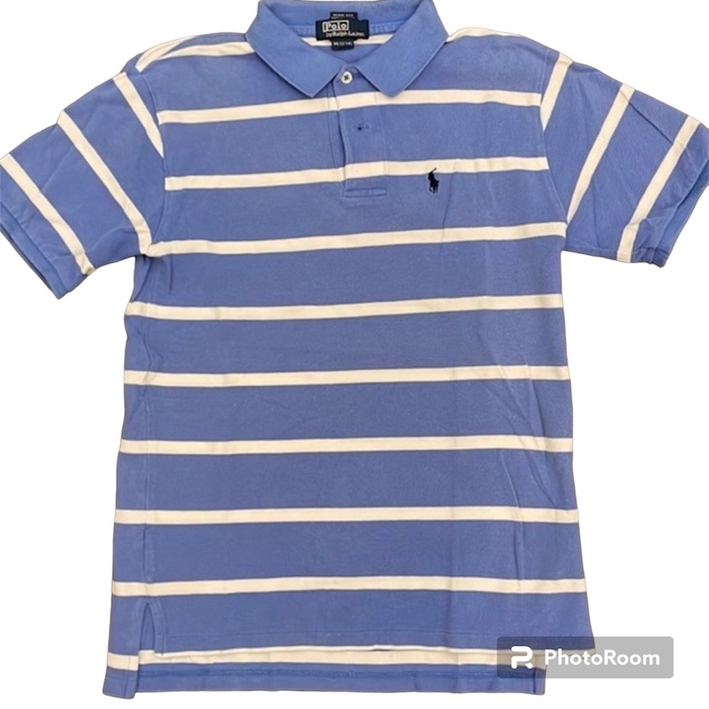 POLO Ralph Lauren Blue White Striped Youth Polo Preppy Pony Logo Size Medium